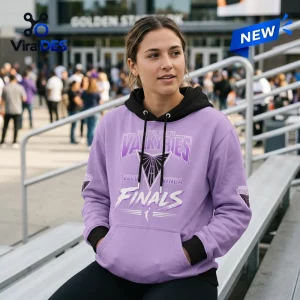 Front view of a woman wearing the Golden State Valkyries 2026 Finals Lavender Hoodie outdoors.