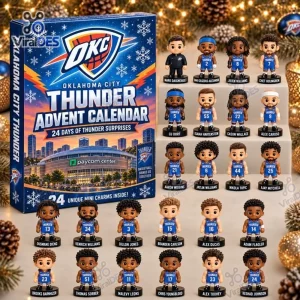 Front view of Oklahoma City Thunder 2026 Advent Calendar box next to small player figurines.
