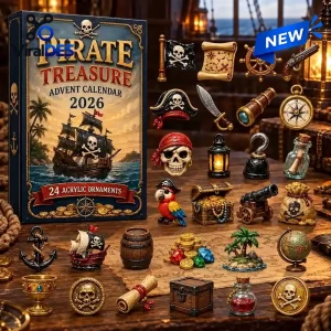Front view of Pirate Treasure 2026 Advent Calendar box alongside miniature pirate ornaments.