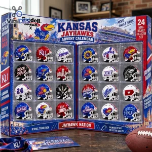 Front view of Kansas Jayhawks Riddell Mini Helmet Advent Calendar 2026 displaying 24 collectible miniature football helmets.