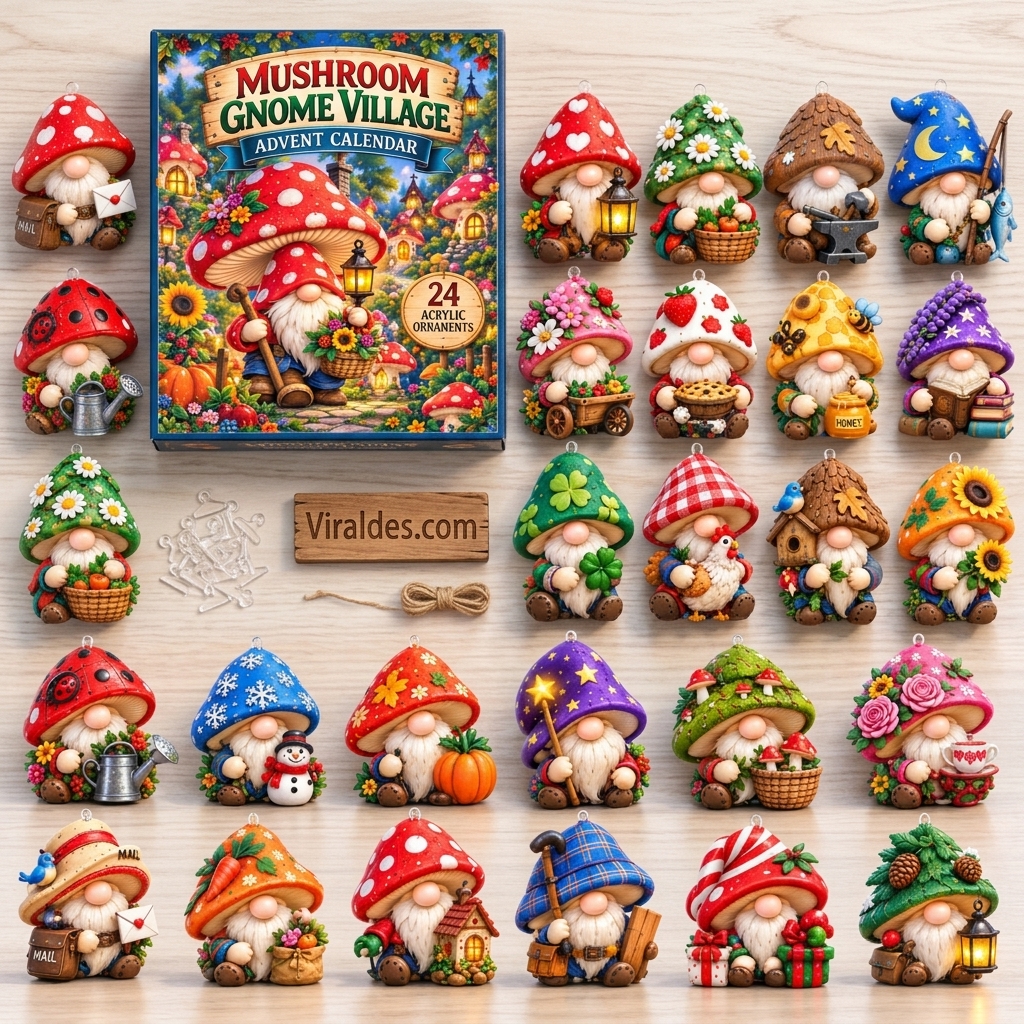 Mushroom Gnome Village Advent Calendar flatlay displaying all 24 acrylic figurines with Viraldes.com sign