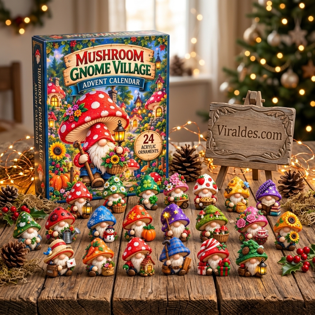 Mushroom Gnome Village Advent Calendar lifestyle display in cottagecore holiday setting with Viraldes.com sign