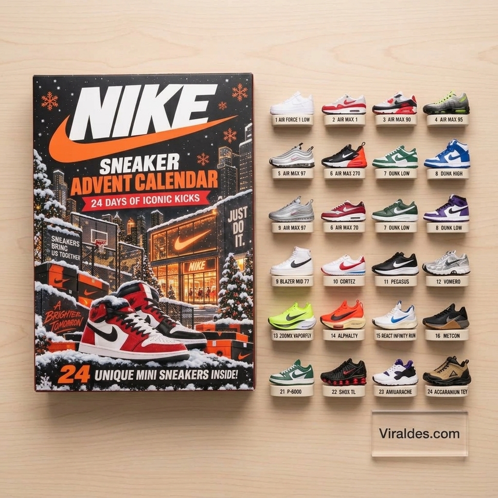 Nike Advent Calendar 2026 flatlay detailing all 24 miniature sneaker models with Viraldes.com sign