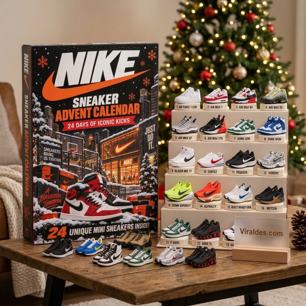 Nike Advent Calendar 2026 lifestyle display in holiday living room setting with Viraldes.com sign