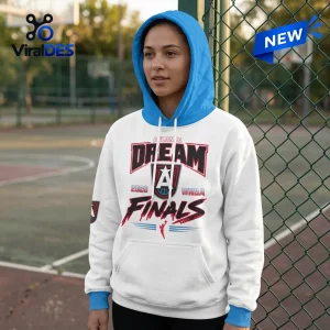 Front view of a person wearing an Atlanta Dream 2026 WNBA Finals white hoodie with blue accents.