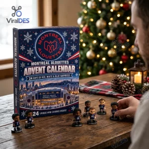 Perspective view of Montreal Alouettes CFL Advent Calendar with mini figures on a wooden table near a decorated Christmas tree.