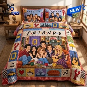 Front view of a Friends Central Perk patchwork quilt set on a bed with illustrated character designs.