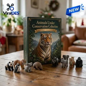 Front view of Animals Under Conservation Collection Advent Calendar 2026 with toy animal figures on a wooden table.