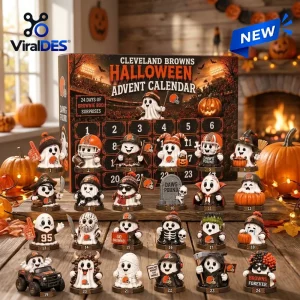 Front view of Cleveland Browns Halloween Advent Calendar 2026 with twenty-four ghost mini figures.