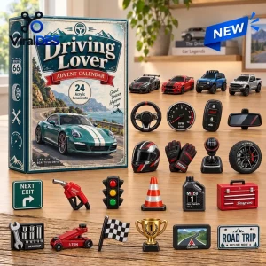 Front view of Driving Lover Advent Calendar box next to twenty-four miniature car-themed acrylic ornaments.