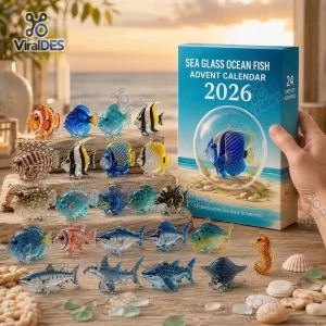 Front view of Sea Glass Ocean Fish Advent Calendar 2026 with assorted glass fish figurines.
