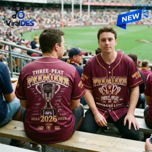 Fans wearing Brisbane Lions 2026 AFL Premiers Maroon Baseball Jersey at stadium.