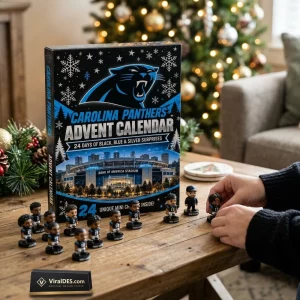 Front view of Carolina Panthers 2026 Advent Calendar box on a wooden table with mini figurines.