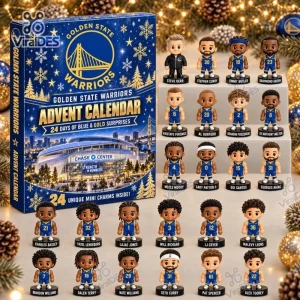 Front view of Golden State Warriors 2026 Advent Calendar box alongside twenty-four mini figurines.