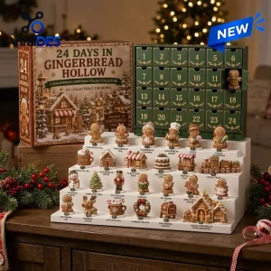 Front view of the Gingerbread Hollow Christmas Countdown Advent Calendar with 24 numbered doors and collectible figurines.
