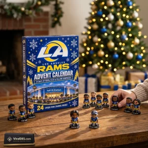 Front view of Los Angeles Rams 2026 Advent Calendar box with miniature figurines on a wooden table.