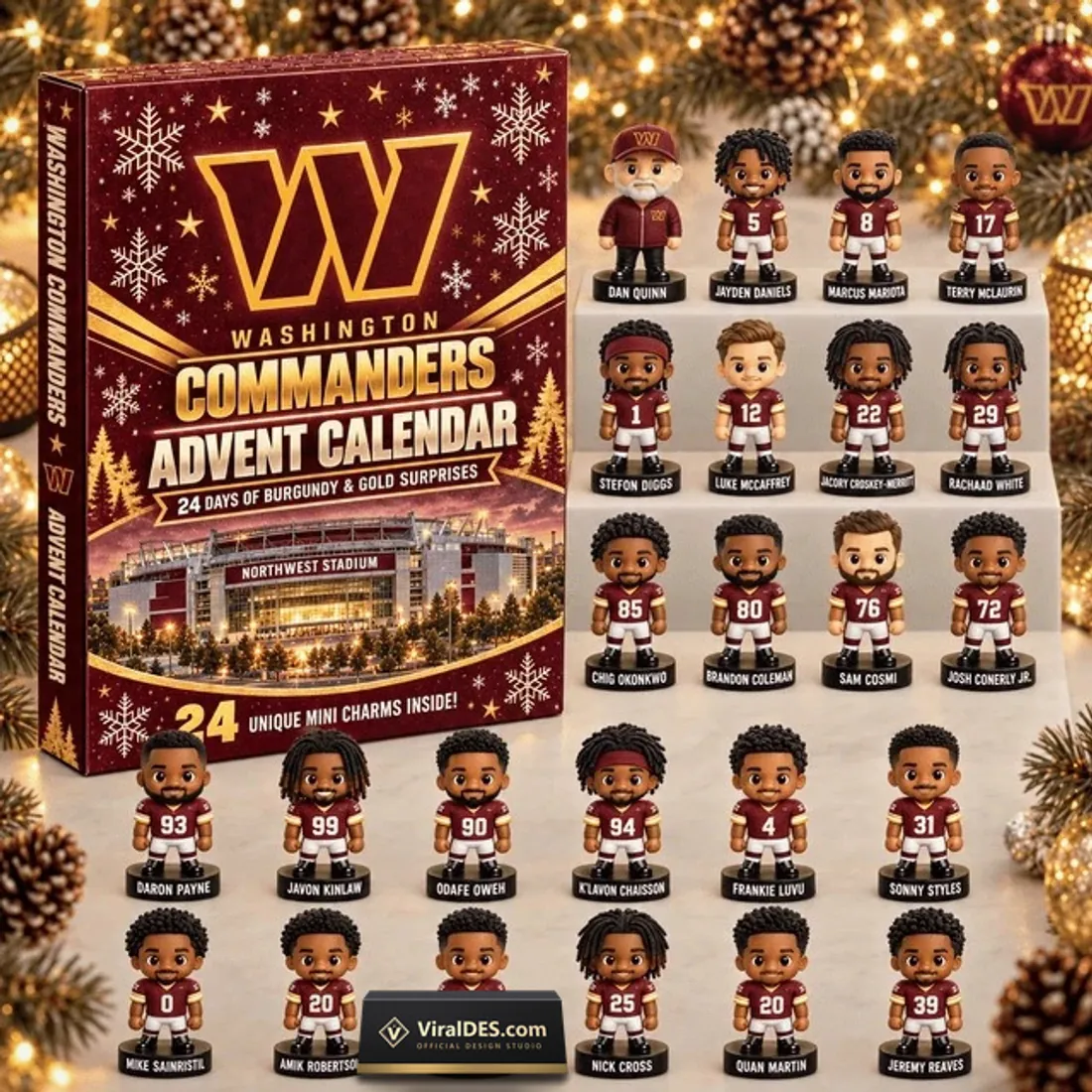 Washington Commanders 2026 Advent Calendar collector box beside all 24 miniature player and coach figurines on tiered display shelves