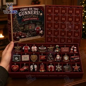 Front view of Arsenal Christmas Advent Calendar 2026 showing opened compartments with twenty-four collectible ornaments.