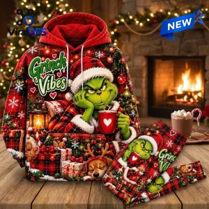 Front view of a Grinch Hoodie and Leggings Set featuring red plaid, holiday motifs, and character graphics.