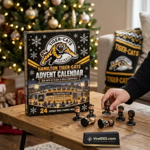 Front view of Hamilton Tiger-Cats 2026 Advent Calendar box on a wooden table with mini figurines.