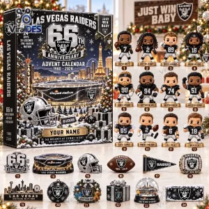 Front view of Las Vegas Raiders 2026 Anniversary Advent Calendar with themed figurines and holiday packaging.