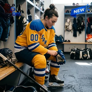 Player wearing PWHL San Jose 2026 Limited Edition Jersey sitting on a locker room bench.