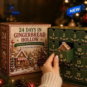 Front view of Gingerbread Hollow Christmas Countdown Advent Calendar with hand opening drawer 8.