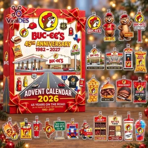 Front view of the Buc-ee's 45th Anniversary Advent Calendar 2026 box with matching ornaments.