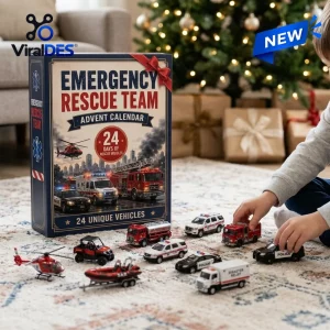 Child playing with Emergency Rescue Team Advent Calendar 2026 toy vehicles on rug.
