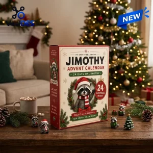 Front view of the Jimothy Raccoon Christmas Advent Calendar box on a wooden table with raccoon figurines.