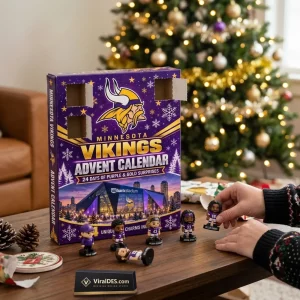 Front view of the Minnesota Vikings 2026 Advent Calendar box on a table with mini figurines.
