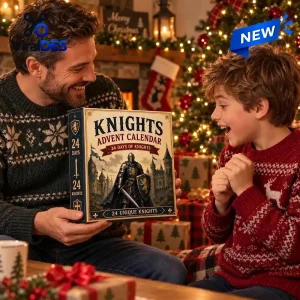 Father and son holding the Medieval Knights Advent Calendar 2026 near a Christmas tree.