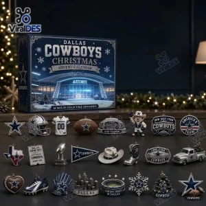Front view of the Dallas Cowboys Christmas Advent Calendar box with assorted collectible ornaments laid out in front.