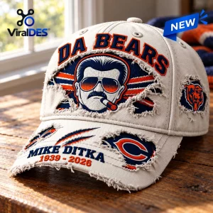 Front view of a distressed baseball cap featuring Da Bears and Mike Ditka text graphics.