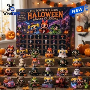 Front view of The Powerpuff Girls Halloween Advent Calendar with multiple miniature figures displayed on wooden steps.