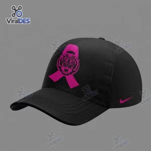 Front view of an LSU Tigers Breast Cancer Awareness Baseball Cap in black with a pink ribbon graphic.