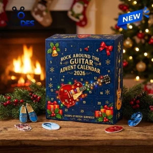 Front view of the Elvis Presley Rock Around The Guitar Advent Calendar with blue box, numbered doors, and guitar graphic.
