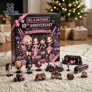 Front view of Blackpink 10th Anniversary Advent Calendar 2026 box with chibi figurines and miniature collectibles.