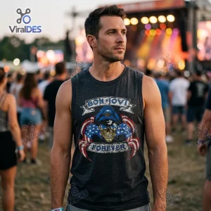Man wearing a dark grey sleeveless Bon Jovi Forever Tour 2026 basketball jersey outdoors at a concert.