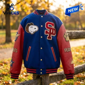 Front view of Snoopy The World Famous Beagle Varsity Jacket in blue with red sleeves and patches.