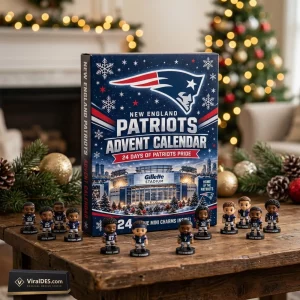 Front view of New England Patriots Advent Calendar 2026 with miniature figures on wooden table.