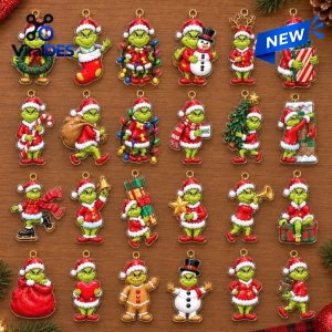Top view of multiple Grinch Christmas Advent Calendar 2026 hanging ornaments on a wooden background.