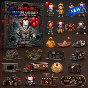 Front view of the Pennywise IT Halloween Advent Calendar 2026 box alongside assorted miniature figures and collectibles.