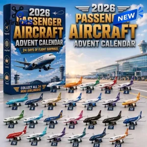 Front view of a Passenger Aircraft Advent Calendar box and twenty-four mini airplane toys.