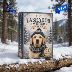 Front view of Labrador Winter Blind Box Advent Calendar on a snowy log.