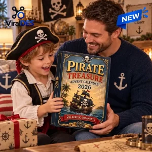 Father and child holding the Pirate Treasure 2026 Advent Calendar in a cozy room.