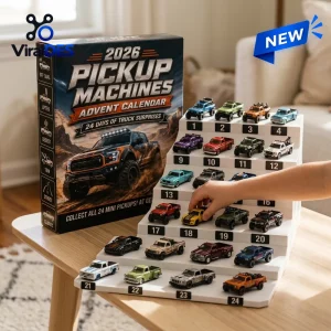 Child's hand reaching for a toy truck from a tiered Pickup Machines Advent Calendar display.