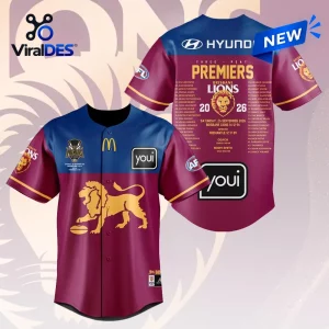 Front and back view of the Brisbane Lions 2026 AFL Premiers Baseball Jersey in maroon and blue.