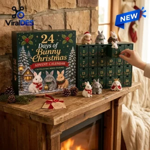 Front view of the 24 Days of Bunny Christmas Advent Calendar box next to a numbered drawer chest displaying mini bunny figurines.