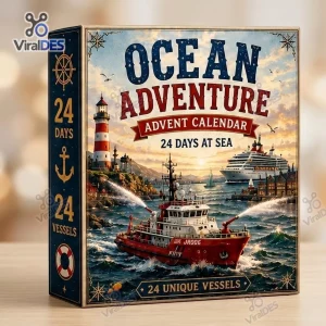 Front view of an Ocean Adventure Ship Advent Calendar box featuring a maritime harbor scene with a lighthouse and red tugboat.